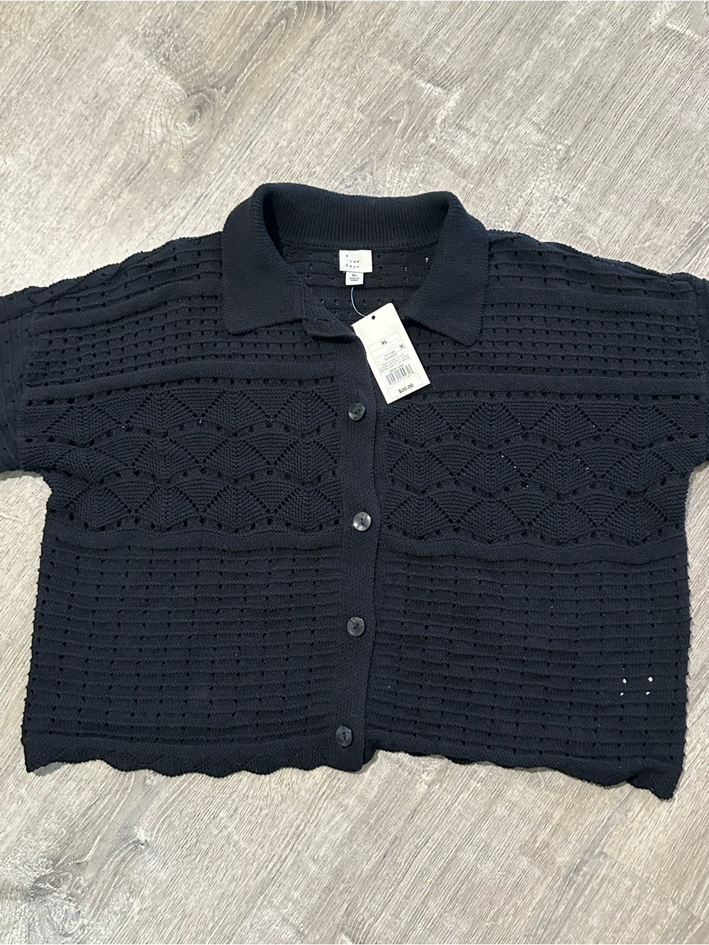 a new day Black Short-Sleeve Openwork Button-Front Cardigan